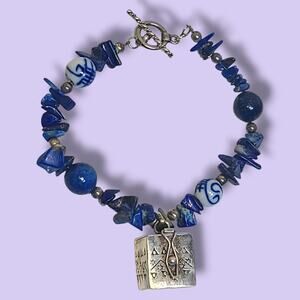 Vintage Sterling Silver Prayer Box Charm Lapis Lazuli & Ceramic Beaded‎ Bracelet